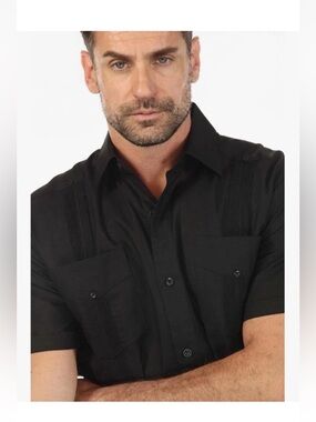 Mojito Collection Men's Traditional Guayabera Shirt Black 100% Linen Size XL EUC